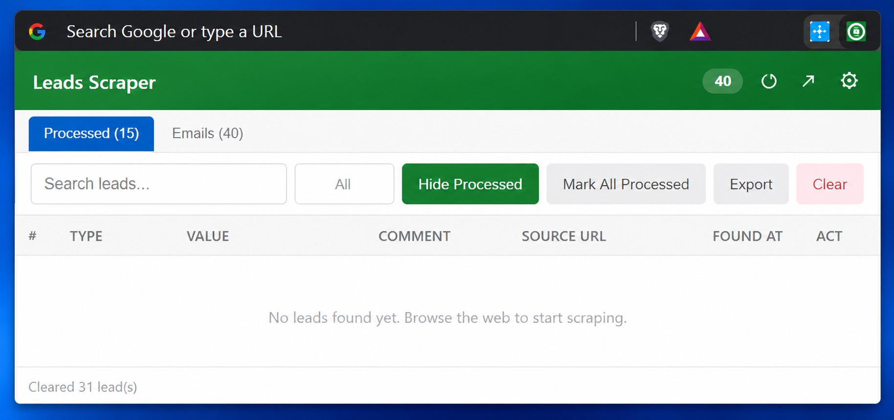 Leads Scraper popup showing extracted leads