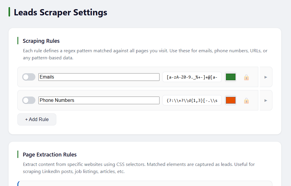 Leads Scraper settings with extraction rules